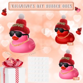 Chivao 24 Pcs Valentine Mini Rubber Duck with 24 Sunglasses 24 Hat 24 Necklace, Yellow Valentine Rubber Duck in Bulk Bath Toys for Kids Classroom Gift Exchange