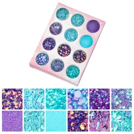 Mesiyun Nail Art Blue Glitter Sequins 3D Pearl Nails Shining Flakes Acrylic Powder Dust Chunky Flake 12Jars
