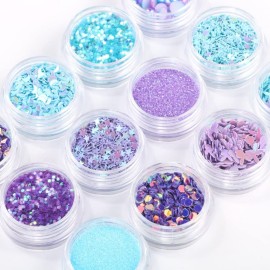 Mesiyun Nail Art Blue Glitter Sequins 3D Pearl Nails Shining Flakes Acrylic Powder Dust Chunky Flake 12Jars