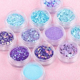 Mesiyun Nail Art Blue Glitter Sequins 3D Pearl Nails Shining Flakes Acrylic Powder Dust Chunky Flake 12Jars