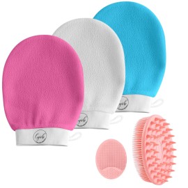 LYOB 5-in-1 Bath Exfoliation Set with 1-Silicone Body Scrubber, 1- Silicone Face Scrubber, and 3-Viscose Exfoliating Gloves for Skin Care, Back Scratcher, Body Scrub and Exfoliating Glove (Pink Set)