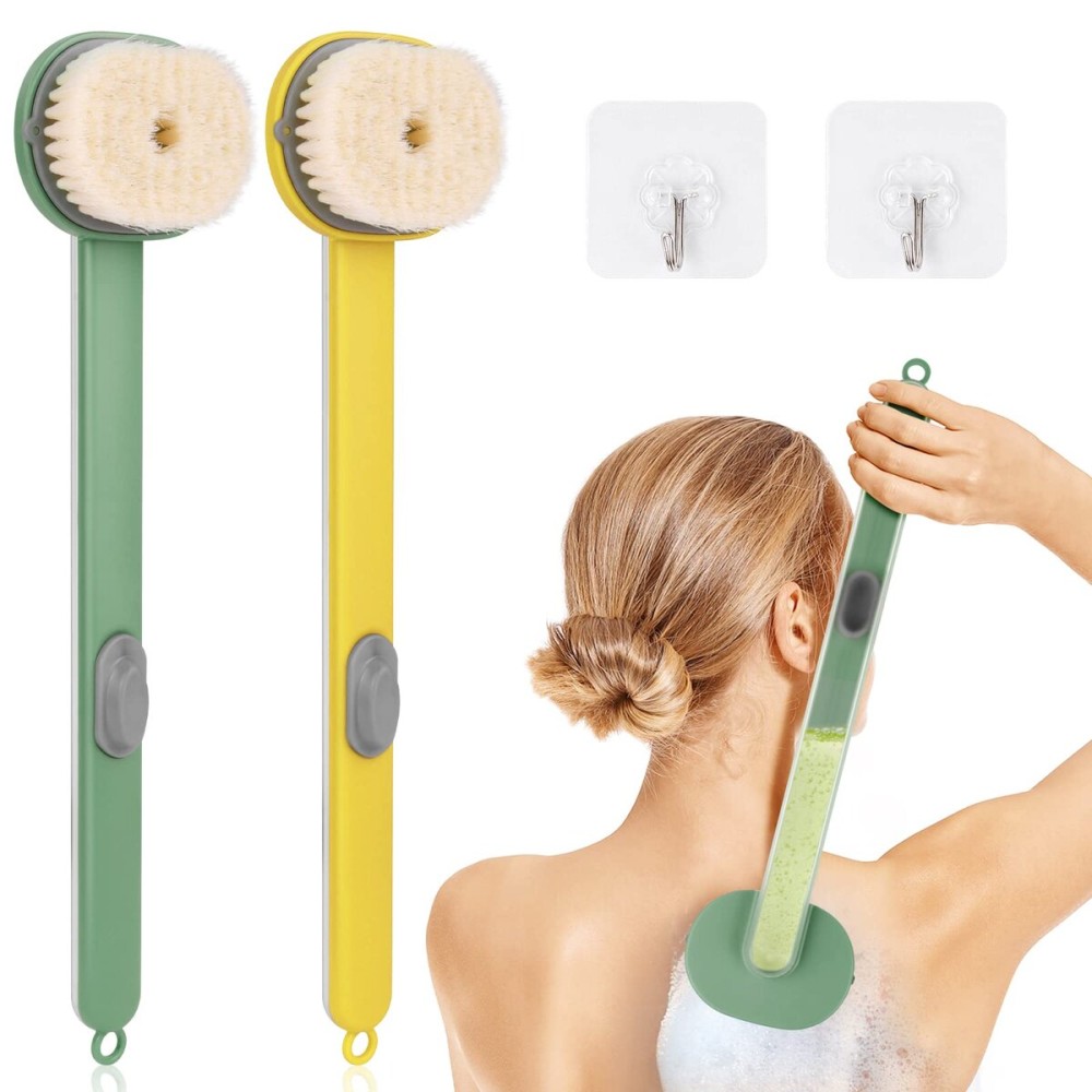 Ainiv 2 Pack Back Scrubber for Shower, Long Handled Shower Brush with Soap Dispenser, Exfoliating Body Scrubber for Wet or Dry Brushing, Shower Brush with Soft BristlesYellow & Green