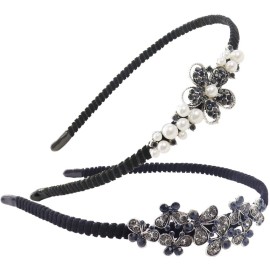 TCOTBE 2 Pack Rhinestone Hair Accessories: Crystal Headbands, Shiny Butterfly Flowers, Vintage Sparkly Beaded Hoops, Pearl Jewelry for Women