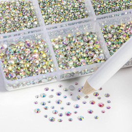Beadsland 7200pcs Flatback Rhinestones,AB Crystal Rhinestone Nail Gems Round Crystal Rhinestones for Crafts,Mixed 6 Sizes with Wax Pencil Kit, SS3-SS10,Crystal AB