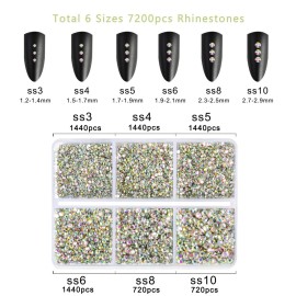 Beadsland 7200pcs Flatback Rhinestones,AB Crystal Rhinestone Nail Gems Round Crystal Rhinestones for Crafts,Mixed 6 Sizes with Wax Pencil Kit, SS3-SS10,Crystal AB