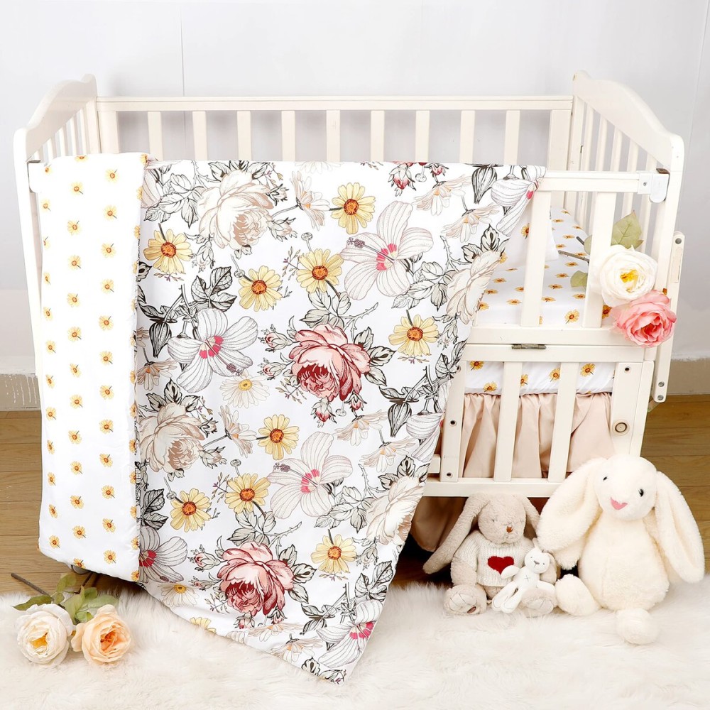 HNHUAMING 4-Piece Crib Bedding Set for Girls, Boho Baby Girl Bedding Set with Crib Skirt, Baby Quilt, Crib Sheet and Diaper Stacker, Flower
