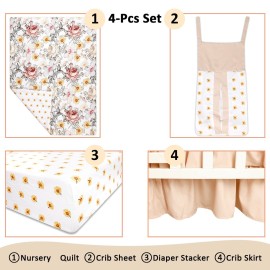 HNHUAMING 4-Piece Crib Bedding Set for Girls, Boho Baby Girl Bedding Set with Crib Skirt, Baby Quilt, Crib Sheet and Diaper Stacker, Flower
