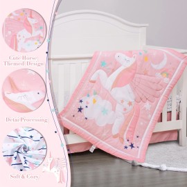 Cloele Pink Crib Bedding Set for Girls- 4 Piece Unicorns Baby Comforter Bed Set Includes Crib Skirt Quilt Fitted Sheet Toddler Pillowcase - Pink Soft Nursery Baby Bedding Set for Girls