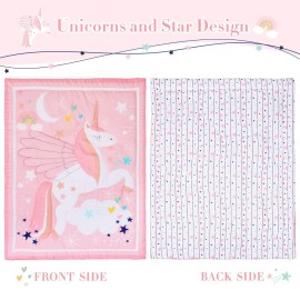Cloele Pink Crib Bedding Set for Girls- 4 Piece Unicorns Baby Comforter Bed Set Includes Crib Skirt Quilt Fitted Sheet Toddler Pillowcase - Pink Soft Nursery Baby Bedding Set for Girls