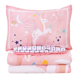 Cloele Pink Crib Bedding Set for Girls- 4 Piece Unicorns Baby Comforter Bed Set Includes Crib Skirt Quilt Fitted Sheet Toddler Pillowcase - Pink Soft Nursery Baby Bedding Set for Girls