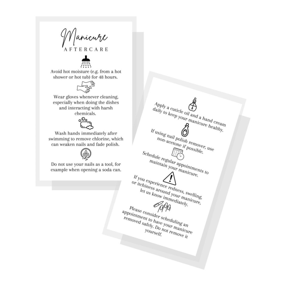 Manicure Aftercare Instruction Cards | 50pk | Business Card Size Nail Salon Handout for Nail Care after Manicure or Pedicure matches loyalty Black and White Design How to protect your manicure cards
