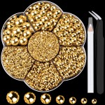 Nail Art Flat Back Half Round Pearl Kits 11, 1 Box of 6000 Pcs Flat-Back Gold Pearl with Tweezer and Picker Pencil for Home DIY Nails Body Face Craft and Salon Use