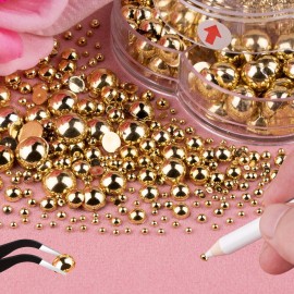 Nail Art Flat Back Half Round Pearl Kits 11, 1 Box of 6000 Pcs Flat-Back Gold Pearl with Tweezer and Picker Pencil for Home DIY Nails Body Face Craft and Salon Use