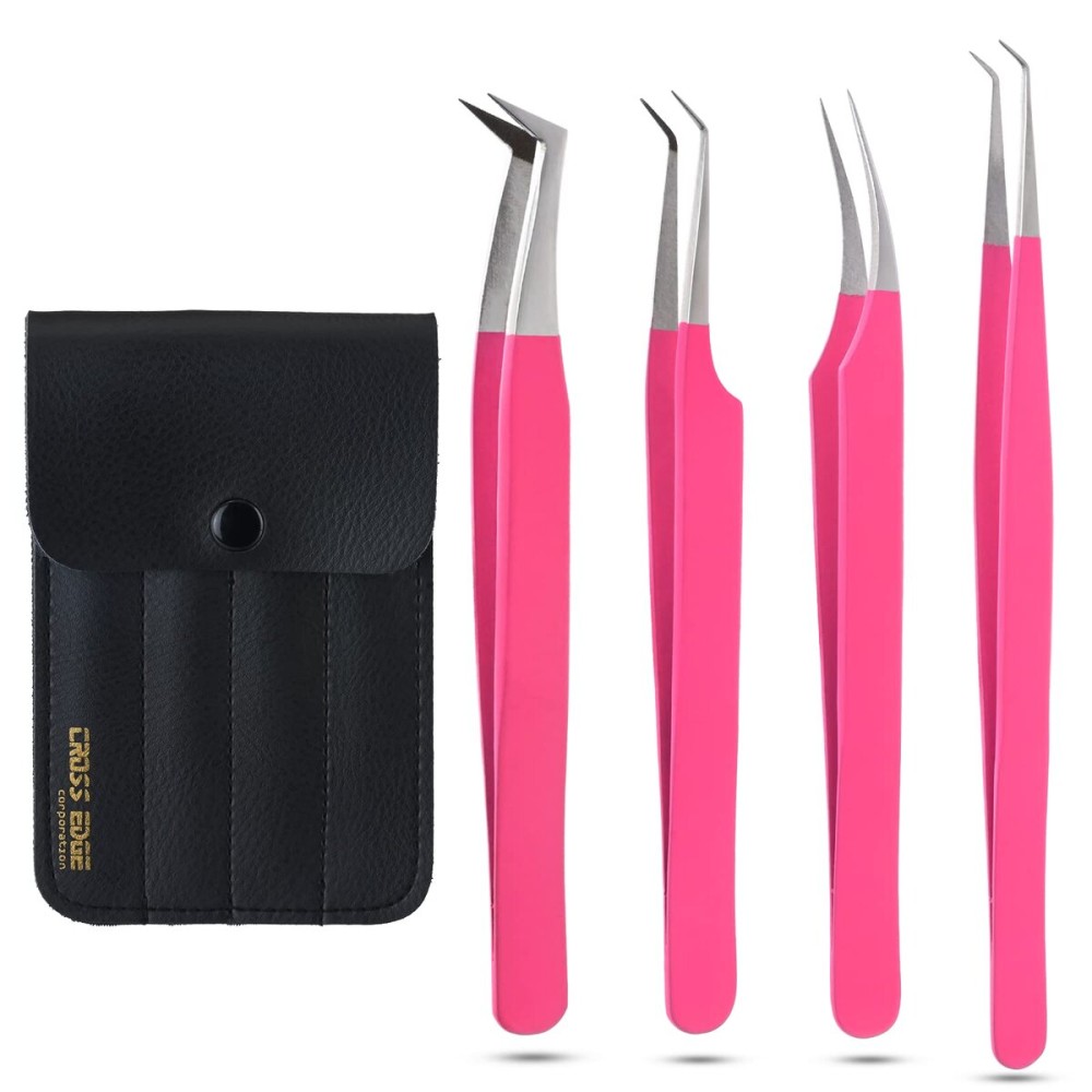 My Lash Tools - Fiber Tip Lash Tweezers for Eyelash Extensions Professional SET OF 4 Isolation, Curved & Volume Lash Tweezers set Japanese Steel Lash Supply (Matte Pink 2)