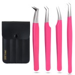 My Lash Tools - Fiber Tip Lash Tweezers for Eyelash Extensions Professional SET OF 4 Isolation, Curved & Volume Lash Tweezers set Japanese Steel Lash Supply (Matte Pink 2)