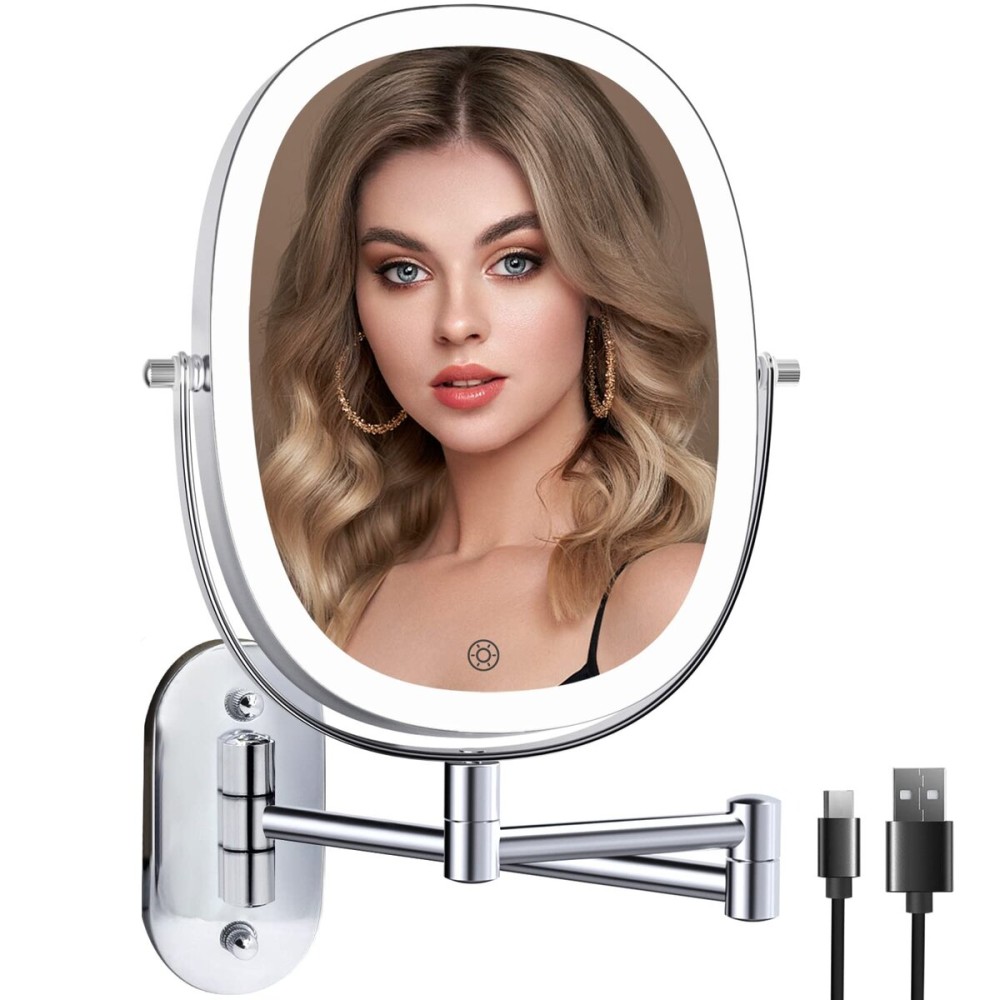 FUNTOUCH Rechargeable Lighted Wall Mounted Makeup Mirror, Double Sided 1X/7X Magnifying Mirror, 3 Lights Option Dimmable, Extension Foldable Arm, Oval Wall Mounted Mirror for Bathroom FUNTOUCH Rechargeable Lighted Wall Mounted Makeup Mirror, Double Sided 1X/7X Magnifying Mirror, 3 Lights Option Dimmable, Extension Foldable Arm, Oval Wall Mounted Mirror for Bathroom