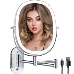 FUNTOUCH Rechargeable Lighted Wall Mounted Makeup Mirror, Double Sided 1X/7X Magnifying Mirror, 3 Lights Option Dimmable, Extension Foldable Arm, Oval Wall Mounted Mirror for Bathroom