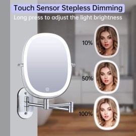 FUNTOUCH Rechargeable Lighted Wall Mounted Makeup Mirror, Double Sided 1X/7X Magnifying Mirror, 3 Lights Option Dimmable, Extension Foldable Arm, Oval Wall Mounted Mirror for Bathroom FUNTOUCH Rechargeable Lighted Wall Mounted Makeup Mirror, Double Sided 1X/7X Magnifying Mirror, 3 Lights Option Dimmable, Extension Foldable Arm, Oval Wall Mounted Mirror for Bathroom