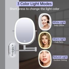 FUNTOUCH Rechargeable Lighted Wall Mounted Makeup Mirror, Double Sided 1X/7X Magnifying Mirror, 3 Lights Option Dimmable, Extension Foldable Arm, Oval Wall Mounted Mirror for Bathroom FUNTOUCH Rechargeable Lighted Wall Mounted Makeup Mirror, Double Sided 1X/7X Magnifying Mirror, 3 Lights Option Dimmable, Extension Foldable Arm, Oval Wall Mounted Mirror for Bathroom