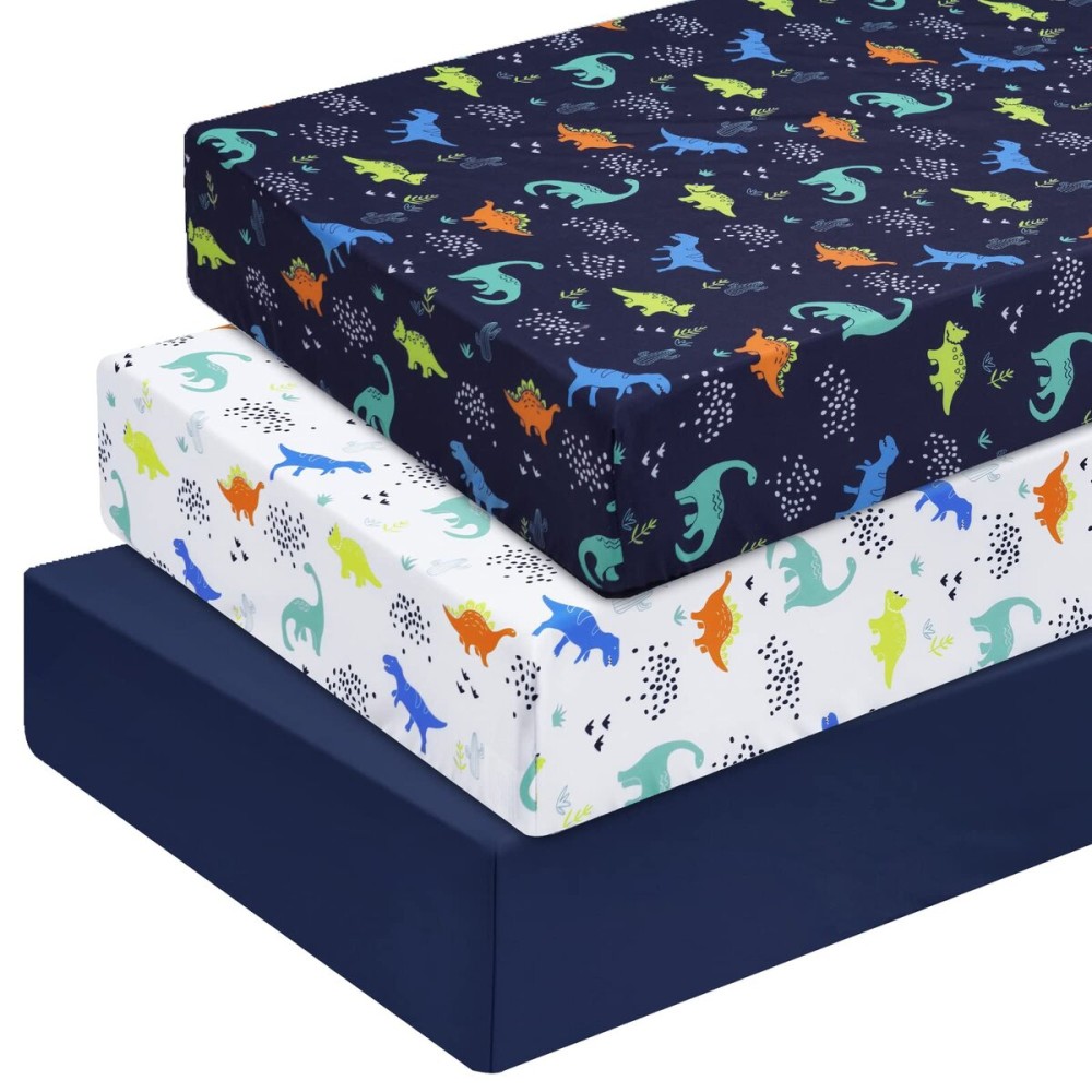PHF 3 Pack Soft Dinosaur Crib Sheets Fitted, Comfy Breathable Baby Sheets for Boys Girls, 28x52 Inches Fits Standard Crib and Toddler Mattresses, Navy Dinosaur