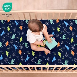 PHF 3 Pack Soft Dinosaur Crib Sheets Fitted, Comfy Breathable Baby Sheets for Boys Girls, 28x52 Inches Fits Standard Crib and Toddler Mattresses, Navy Dinosaur