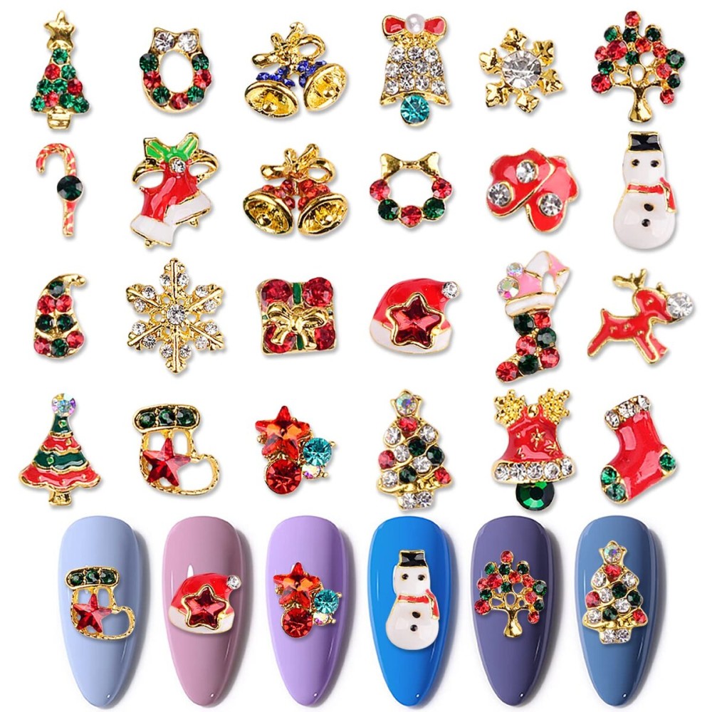 WOKOTO 24 Pcs Christmas Nail Charms for Nail Art 3D Christmas Charms for Nails Jewelrys Christmas Tree Bells Snowman Socks Nail Art Charms Nail Rhinestones and Charms for Christmas Nails Gems