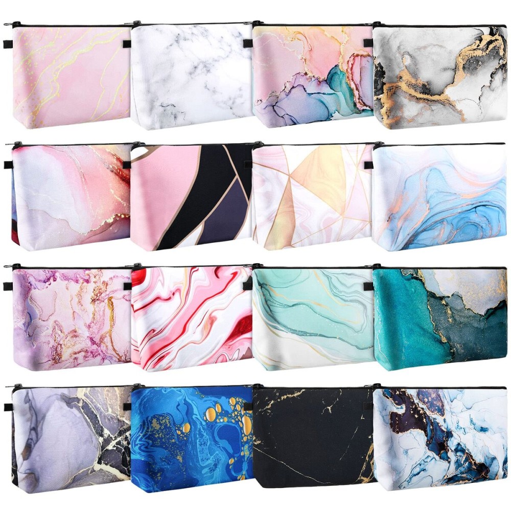 Dunzy 16 Pcs Makeup Bags Bulk Waterproof Cosmetic Bags Cna Week Graduation Gifts Roomy Zipper Pouch Travel Toiletry Portable Organizer Accessory Resistant Storage Purse for Women Men(Marble Style)