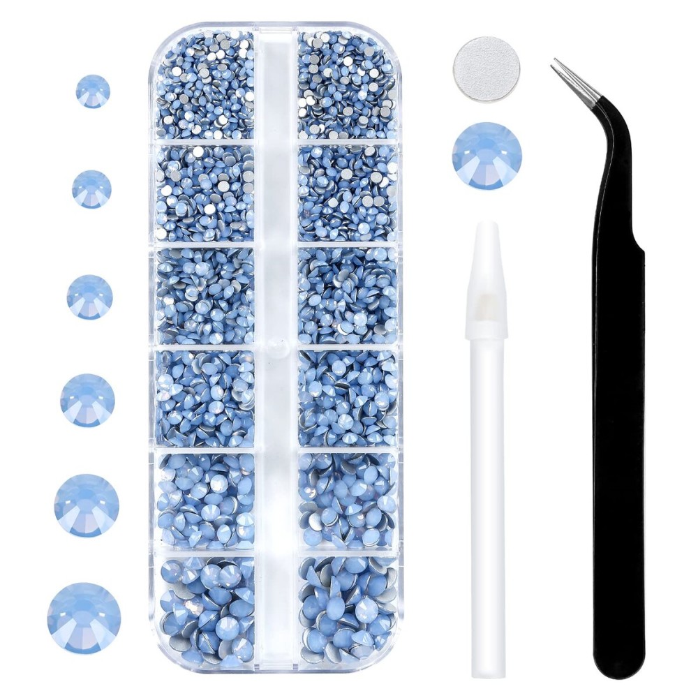 3792 Pcs Blue opal Crystal Flatback Rhinestones Set for Nail, Art, Crafts, Makeup, Tumblers Glitter Round with Tweezers and Picking Pen(SS6~SS20)