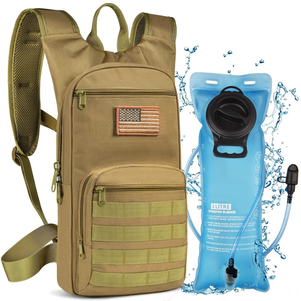 NOOLA 3L Hydration Backpack, Water Backpack with TPU Water Bladder, Tactical Hydration Pack for Men Women, Molle Water Backpack for Hiking, Biking, and Hunting, Tan