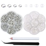 2box Rhinestones Half Pearls Beads for Crafts-Clear face Rhinestone gems Makeup Eye Jewels Tooth Diamonds-Flat Back White Nail Pearls Stones Crystals Charms-Crafting Shoes Cloth with Wax Pen Tweezers
