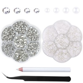 2box Rhinestones Half Pearls Beads for Crafts-Clear face Rhinestone gems Makeup Eye Jewels Tooth Diamonds-Flat Back White Nail Pearls Stones Crystals Charms-Crafting Shoes Cloth with Wax Pen Tweezers