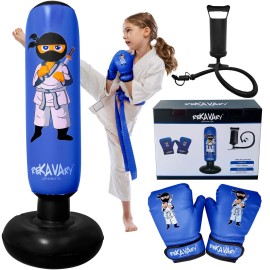 Punching Bag for Kids - 5\' 3 Ninja Inflatable Punching Bag Combo Kit with Kids Boxing Gloves, a Pump and Repair Kit. Boxing Bag for Immediate Bounce Back. Birthday (Blue)