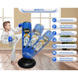 Punching Bag for Kids - 5\' 3 Ninja Inflatable Punching Bag Combo Kit with Kids Boxing Gloves, a Pump and Repair Kit. Boxing Bag for Immediate Bounce Back. Birthday (Blue)