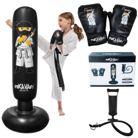 Punching Bag for Kids - 5\' 3 Ninja Inflatable Punching Bag Combo Kit with Kids Boxing Gloves, a Pump and Repair Kit. Boxing Bag for Immediate Bounce Back. Birthday (Black)