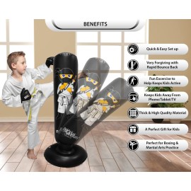 Punching Bag for Kids - 5\' 3 Ninja Inflatable Punching Bag Combo Kit with Kids Boxing Gloves, a Pump and Repair Kit. Boxing Bag for Immediate Bounce Back. Birthday (Black)