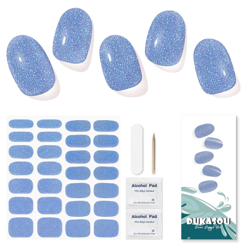 DUKASOU Semi Cured Gel Nail Strips, Blue Fine Flash | 28pcs Work With Any UV Lamp, Stickers for Women Girls, Includes Prep Pads, File & Wood Stick