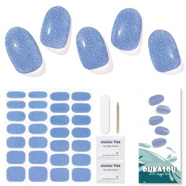 DUKASOU Semi Cured Gel Nail Strips, Blue Fine Flash | 28pcs Work With Any UV Lamp, Stickers for Women Girls, Includes Prep Pads, File & Wood Stick