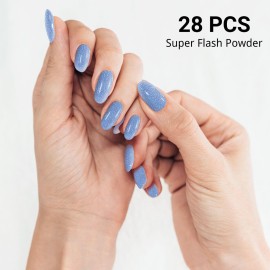 DUKASOU Semi Cured Gel Nail Strips, Blue Fine Flash | 28pcs Work With Any UV Lamp, Stickers for Women Girls, Includes Prep Pads, File & Wood Stick