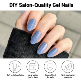 DUKASOU Semi Cured Gel Nail Strips, Blue Fine Flash | 28pcs Work With Any UV Lamp, Stickers for Women Girls, Includes Prep Pads, File & Wood Stick