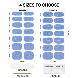 DUKASOU Semi Cured Gel Nail Strips, Blue Fine Flash | 28pcs Work With Any UV Lamp, Stickers for Women Girls, Includes Prep Pads, File & Wood Stick