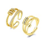 ERLOSYA 2pcs Fidget Band With Beads Spinner Rings for Women,Anti Anxiety Ring Stainless Steel Ring Sand Blast Finish.Unisex Adjustable Stacking Worry Ring (2 Pcs-Gold)