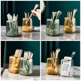 DASITON Makeup Brush holder Organizer, plastic Square Cosmetic Brush Storage Holder, Vintage Stripe Make Up Brush Cup Pen Pencil HolderAmber