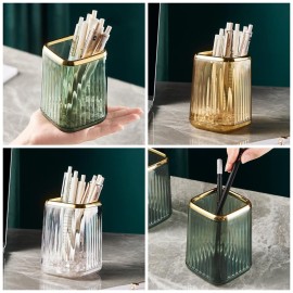 DASITON Makeup Brush holder Organizer, plastic Square Cosmetic Brush Storage Holder, Vintage Stripe Make Up Brush Cup Pen Pencil HolderAmber
