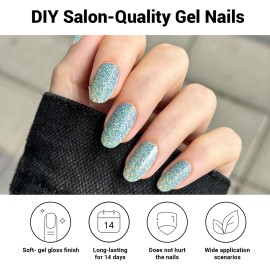 DUKASOU Semi Cured Gel Nail Strips, Silver Glitter | 28pcs Gel Nail Strips Work with Any uv lamp,Gel Nail Stickers for Women Girls, Includes Prep Pads, Nail File & Wood Stick