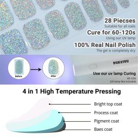 DUKASOU Semi Cured Gel Nail Strips, Silver Glitter | 28pcs Gel Nail Strips Work with Any uv lamp,Gel Nail Stickers for Women Girls, Includes Prep Pads, Nail File & Wood Stick