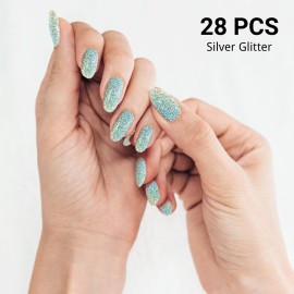 DUKASOU Semi Cured Gel Nail Strips, Silver Glitter | 28pcs Gel Nail Strips Work with Any uv lamp,Gel Nail Stickers for Women Girls, Includes Prep Pads, Nail File & Wood Stick