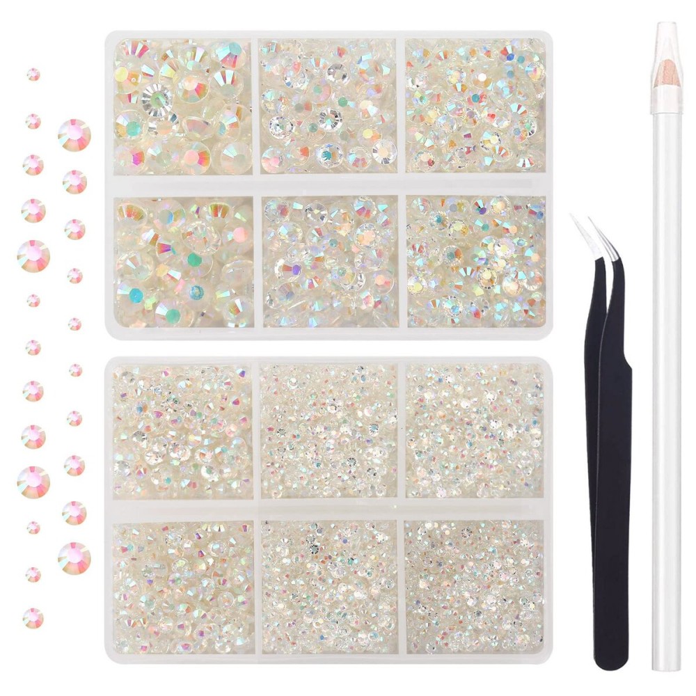 AUREHEN 10000PCs 2-6MM Clear AB Resin Flat Back Rhinestones, Round Non Hotfix Resin Rhinestones Nail Gems Stones with Tweezer & Picker Pen for Tumblers Nail Art & DIY Decoration