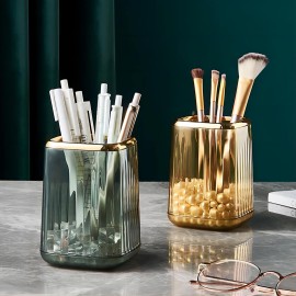 DASITON Makeup Brush holder Organizer, plastic Square Cosmetic Brush Storage Holder, Vintage Stripe Make Up Brush Cup Pen Pencil HolderGreen