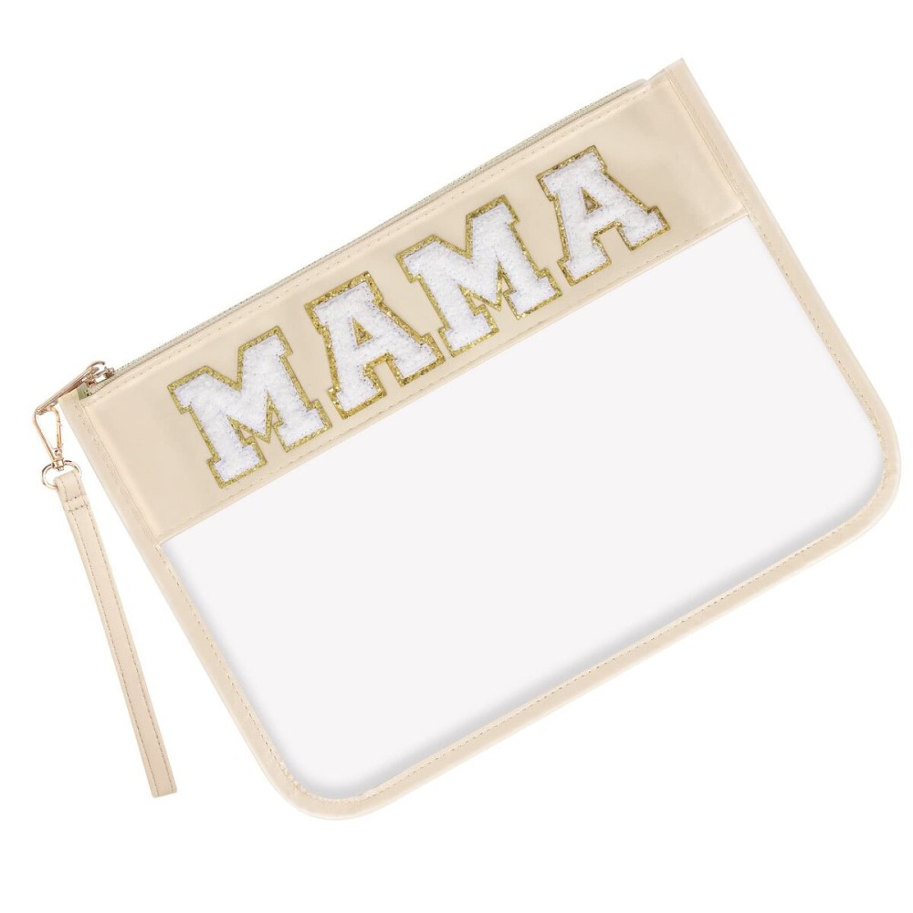 Iqimott Monogram Letter Clear Mama Bag, Chenille Glitter Letter Makeup Cosmetic Bag Patch Zipper Toiletry Pouch, Portable Travel Beach Snack Wristlet Bag for Women Girls(Mama, Beige)