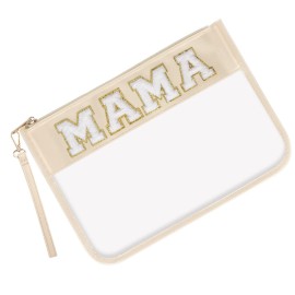 Iqimott Monogram Letter Clear Mama Bag, Chenille Glitter Letter Makeup Cosmetic Bag Patch Zipper Toiletry Pouch, Portable Travel Beach Snack Wristlet Bag for Women Girls(Mama, Beige)